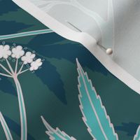 Handdrawn botanical, minimalist, non directional hemlock leaves and blossoms, in shades of cyan, teal blue and white