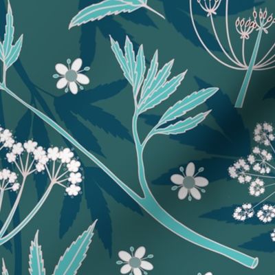 Handdrawn botanical, minimalist, non directional hemlock leaves and blossoms, in shades of cyan, teal blue and white