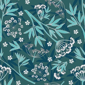 Handdrawn botanical, minimalist, non directional hemlock leaves and blossoms, in shades of cyan, teal blue and white
