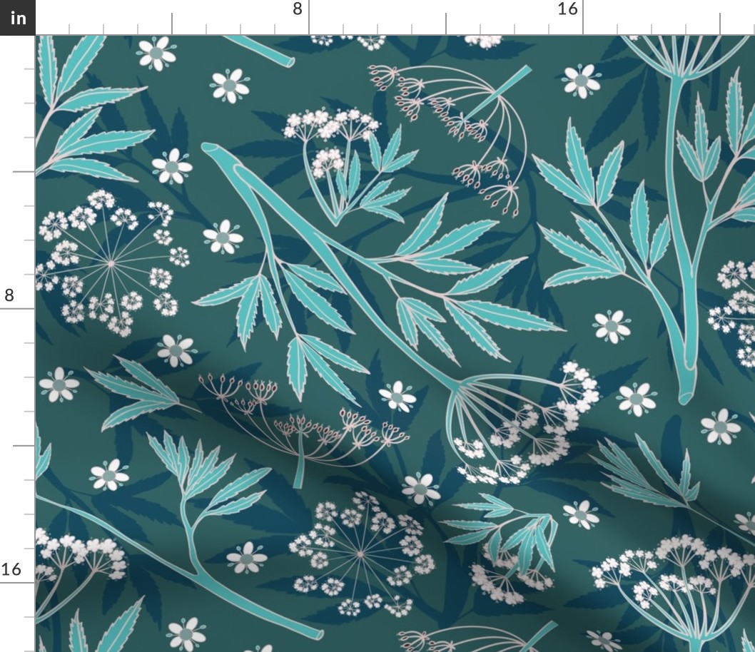 Handdrawn botanical, minimalist, non directional hemlock leaves and blossoms, in shades of cyan, teal blue and white