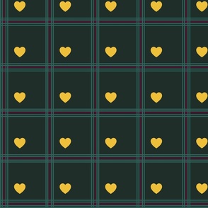 Burgundy and emerald green plaid, with yellow hearts - Small scale