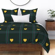 Burgundy and emerald green plaid, with yellow hearts - Large scale