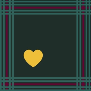 Burgundy and emerald green plaid, with yellow hearts - Large scale