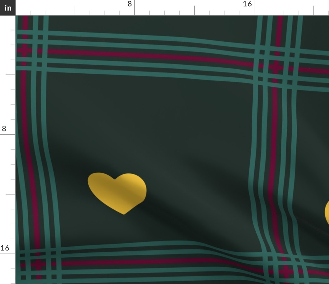 Burgundy and emerald green plaid, with yellow hearts - Large scale