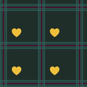 Burgundy and emerald green plaid, with yellow hearts - Medium scale