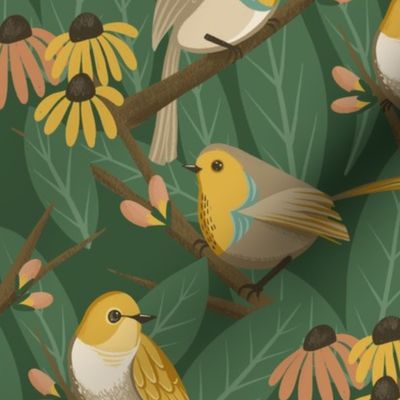 Spring Birds Perched in Trees // Vibrant Yellow and Coral Pink // Large Scale