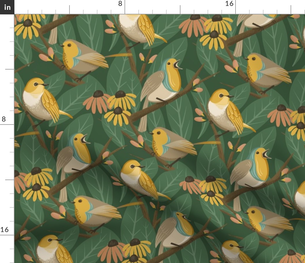 Spring Birds Perched in Trees // Vibrant Yellow and Coral Pink // Large Scale