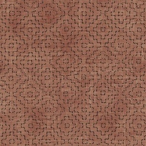 Sashiko Crosses on Rust | Hand stitched squares, Japanese sashiko stitching in anthracite on deep terracotta linen texture, boho kantha quilt, earthy terra-cotta rustic square pattern.