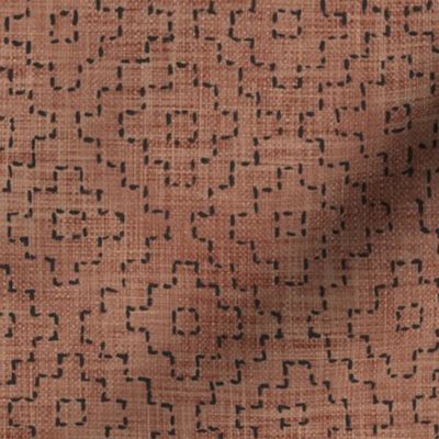 Sashiko Crosses on Rust (xl scale) | Hand stitched squares, Japanese sashiko stitching in anthracite on deep terracotta linen texture, boho kantha quilt, earthy terra-cotta rustic square pattern.