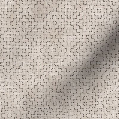 Sashiko Crosses on Ecru | Hand stitched squares on beige, Japanese sashiko stitching in anthracite on unbleached linen texture, boho kantha quilt, rustic square pattern on taupe.