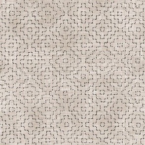 Sashiko Crosses on Ecru | Hand stitched squares on beige, Japanese sashiko stitching in anthracite on unbleached linen texture, boho kantha quilt, rustic square pattern on taupe.