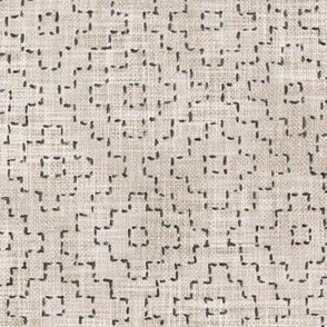 Sashiko Crosses on Ecru (xl scale) | Hand stitched squares on beige, Japanese sashiko stitching in anthracite on unbleached linen texture, boho kantha quilt, rustic square pattern on taupe.