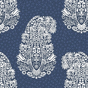 White Paisley on a denim blue - large scale
