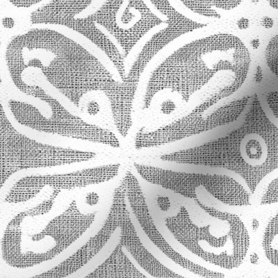 Boho Rubber Blockprint Off-white ornaments on grey with linen structure - medium scale