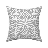 Boho Rubber Blockprint Off-white ornaments on grey with linen structure - medium scale