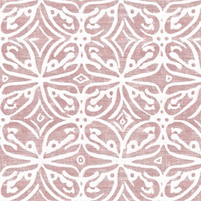 Boho Rubber Blockprint Off-white ornaments on red with linen structure - medium scale