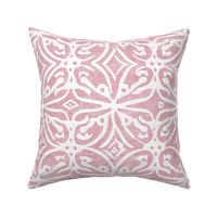 Boho Rubber Blockprint Off-white ornaments on pink with linen structure - medium scale