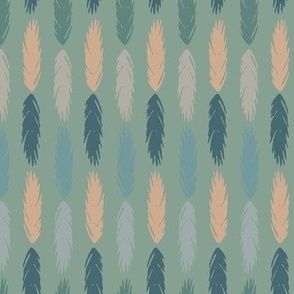 Colourful feathers in line on a light green background