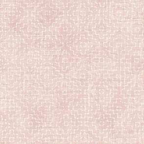 Sashiko Crosses on Pink Sand | Hand stitched squares, Japanese sashiko stitching in ivory on rose quartz linen texture, boho kantha quilt, pale dogwood rustic square pattern.