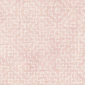 Sashiko Crosses on Pink Sand (large scale) | Hand stitched squares, Japanese sashiko stitching in ivory on rose quartz linen texture, boho kantha quilt, pale dogwood rustic square pattern.