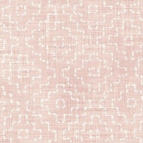 Sashiko Crosses on Pink Sand (xl scale) | Hand stitched squares, Japanese sashiko stitching in ivory on rose quartz linen texture, boho kantha quilt, pale dogwood rustic square pattern.