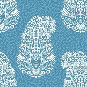 White Paisley on a sky blue - large scale