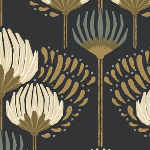 1920 Blossom Floral Wallpaper - Black, Cream, Gold, Green - Jumbo