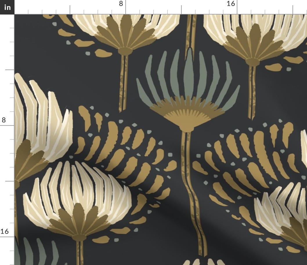 1920 Blossom Floral Wallpaper - Black, Cream, Gold, Green - Jumbo