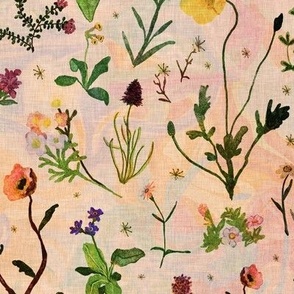 Hand drawn gouache alpine wildflowers on a marbled background with a vintage linen texture