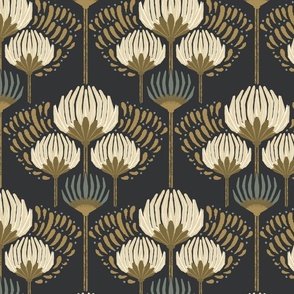 1920 Blossom Floral Wallpaper - Black, Cream, Gold, Green - Large