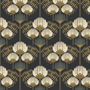 1920 Blossom Floral Wallpaper - Black, Cream, Gold, Green - Medium