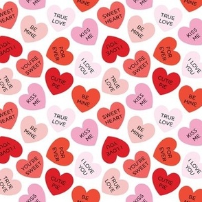 small candy hearts: mix of reds and pinks