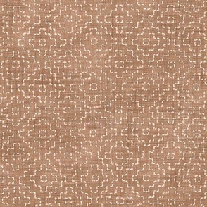 Sashiko Crosses on Terracotta | Hand stitched squares, Japanese sashiko stitching in white on terra-cotta linen texture, neutrals, boho kantha quilt, earthy copper rustic square pattern.