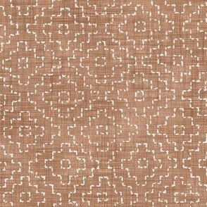 Sashiko Crosses on Terracotta (large scale) | Hand stitched squares, Japanese sashiko stitching in white on terra-cotta linen texture, neutrals, boho kantha quilt, earthy copper rustic square pattern.