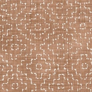 Sashiko Crosses on Terracotta (xl scale) | Hand stitched squares, Japanese sashiko stitching in white on terra-cotta linen texture, neutrals, boho kantha quilt, earthy copper rustic square pattern.