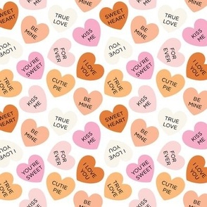 small candy hearts: sunburst, beach umbrella, pink sparkle, tangy, buff, pink razz