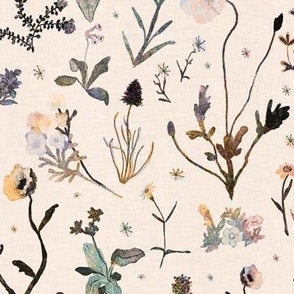 Hand drawn gouache alpine wildflowers in muted earth tones on a marbled background with a vintage linen texture