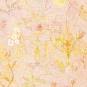 Pastel coloured hand drawn watercolor alpine wildflowers on a marbled background with a vintage linen texture