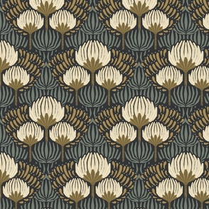 1920s Luxury Deco Floral  - Black, Cream, Gold, Green - Medium