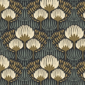 1920s Luxury Deco Floral  - Black, Cream, Gold, Green - Large