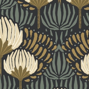 1920s Luxury Deco Floral  - Black, Cream, Gold, Green - Jumbo