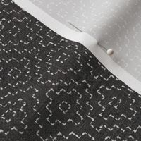 Sashiko Crosses on Anthracite | Hand stitched squares, Japanese sashiko stitching in ivory on dark gray linen texture, black and white boho kantha quilt, charcoal rustic square pattern.