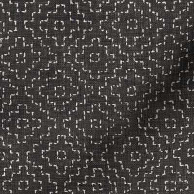 Sashiko Crosses on Anthracite (large scale) | Hand stitched squares, Japanese sashiko stitching in ivory on dark gray linen texture, black and white boho kantha quilt, charcoal rustic square pattern.