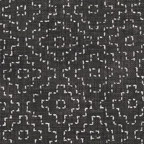 Sashiko Crosses on Anthracite (xl scale) | Hand stitched squares, Japanese sashiko stitching in ivory on dark gray linen texture, black and white boho kantha quilt, charcoal rustic square pattern.