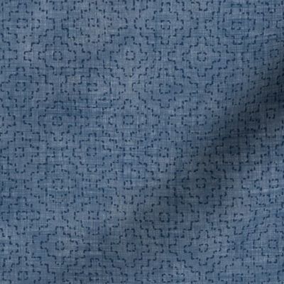 Sashiko Crosses on Denim Blue | Hand stitched squares, Japanese sashiko stitching in navy blue on denim linen texture, boho kantha quilt, rustic denim square pattern.