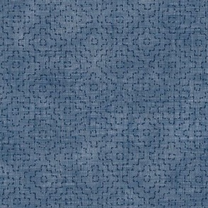 Sashiko Crosses on Denim Blue | Hand stitched squares, Japanese sashiko stitching in navy blue on denim linen texture, boho kantha quilt, rustic denim square pattern.