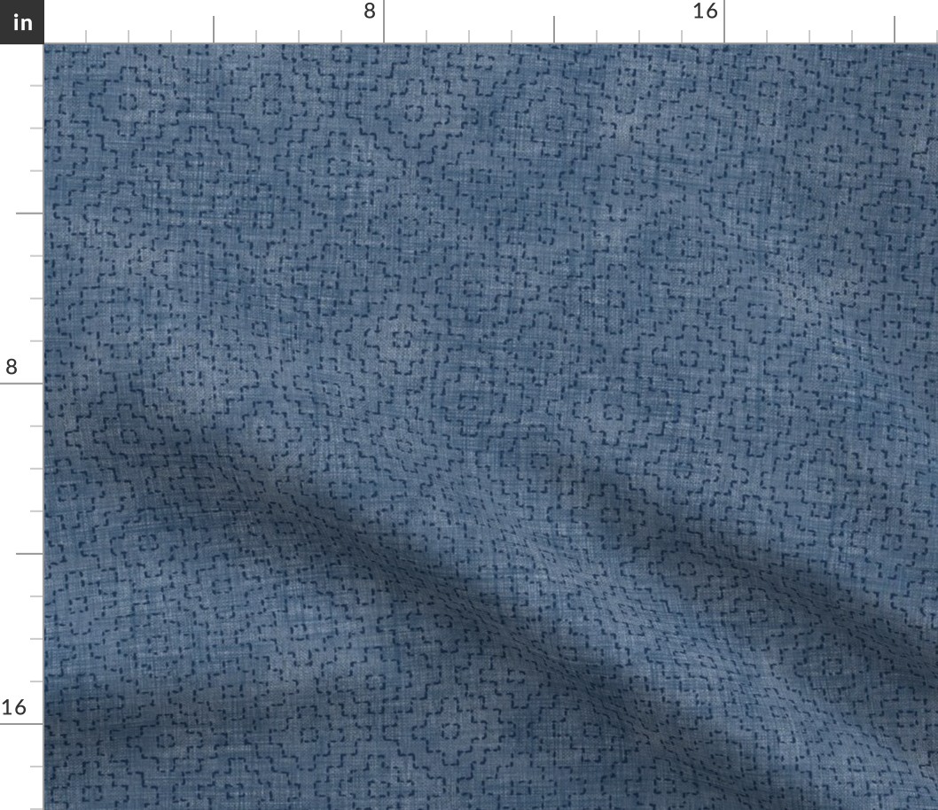 Sashiko Crosses on Denim Blue (large scale) | Hand stitched squares, Japanese sashiko stitching in navy blue on denim linen texture, boho kantha quilt, rustic denim square pattern.