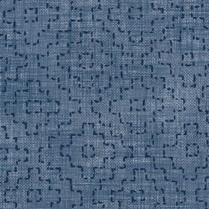 Sashiko Crosses on Denim Blue (xl scale) | Hand stitched squares, Japanese sashiko stitching in navy blue on denim linen texture, boho kantha quilt, rustic denim square pattern.