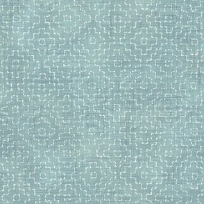 Sashiko Crosses on Blue Jade | Hand stitched squares, Japanese sashiko stitching in ivory on blue gray linen texture, pale aqua, boho kantha quilt, watery blue rustic square pattern.