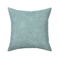 Sashiko Crosses on Blue Jade (large scale) | Hand stitched squares, Japanese sashiko stitching in ivory on blue gray linen texture, pale aqua, boho kantha quilt, watery blue rustic square pattern.